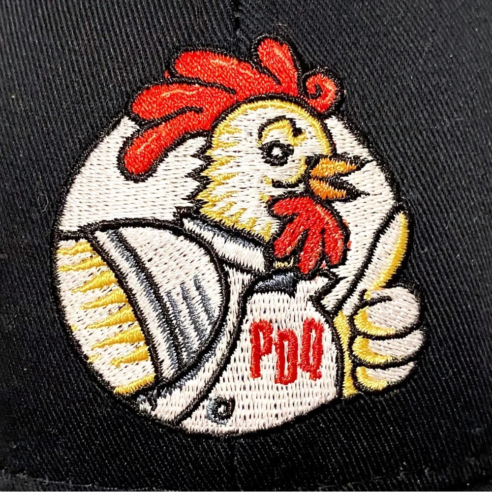 NEW Port Authority Strapback Hat Black PDQ Chicken Logo Mesh Ball Cap Trucker